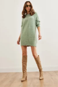 Olalook Women's Water Green Crew Neck Soft Textured Beard Dress - Image 6
