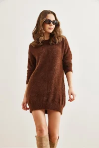 Olalook Women's Bitter Brown Crew Neck Soft Textured Beard Dress - Image 2