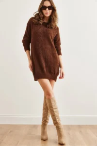 Olalook Women's Bitter Brown Crew Neck Soft Textured Beard Dress - Image 3