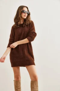 Olalook Women's Bitter Brown Crew Neck Soft Textured Beard Dress - Image 6