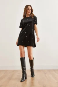 Olalook Women's Black Stone Detailed Crew Neck Mini Velvet Dress - Image 2