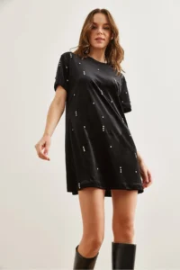 Olalook Women's Black Stone Detailed Crew Neck Mini Velvet Dress - Image 4