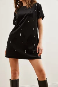 Olalook Women's Black Stone Detailed Crew Neck Mini Velvet Dress - Image 5