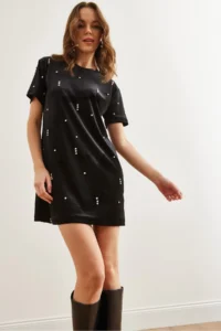 Olalook Women's Black Stone Detailed Crew Neck Mini Velvet Dress - Image 7