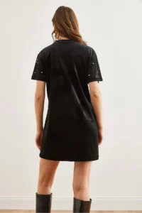 Olalook Women's Black Stone Detailed Crew Neck Mini Velvet Dress - Image 8