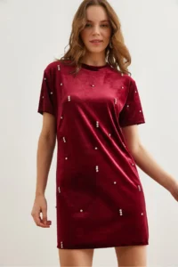 Olalook Women's Claret Red Stone Detailed Crew Neck Mini Velvet Dress