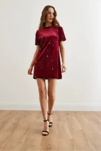 Olalook Women's Claret Red Stone Detailed Crew Neck Mini Velvet Dress - Image 2