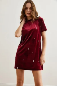 Olalook Women's Claret Red Stone Detailed Crew Neck Mini Velvet Dress - Image 4