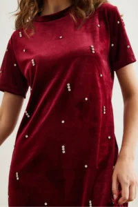 Olalook Women's Claret Red Stone Detailed Crew Neck Mini Velvet Dress - Image 5