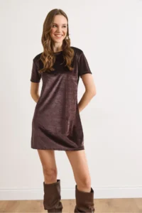 Olalook Women's Bitter Brown Crew Neck Basic Mini Velvet Dress - Image 4
