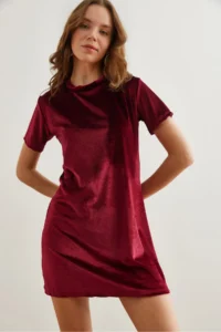 Olalook Women's Claret Red Crew Neck Basic Mini Velvet Dress
