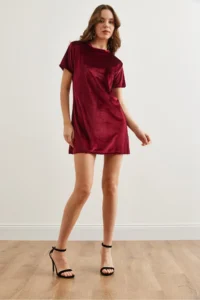 Olalook Women's Claret Red Crew Neck Basic Mini Velvet Dress - Image 2