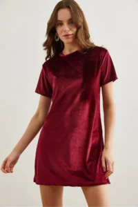 Olalook Women's Claret Red Crew Neck Basic Mini Velvet Dress - Image 3