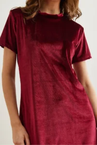 Olalook Women's Claret Red Crew Neck Basic Mini Velvet Dress - Image 5