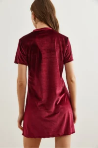 Olalook Women's Claret Red Crew Neck Basic Mini Velvet Dress - Image 6