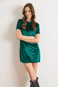 Olalook Women's Emerald Green Crew Neck Basic Mini Velvet Dress - Image 3