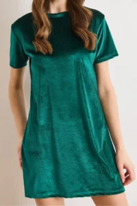 Olalook Women's Emerald Green Crew Neck Basic Mini Velvet Dress - Image 5