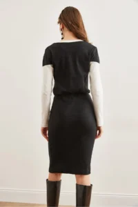 Olalook Women's Black Ecru V-Neck Color Block Raised Flexible Dress - Image 2