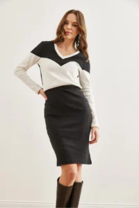 Olalook Women's Black Ecru V-Neck Color Block Raised Flexible Dress - Image 4