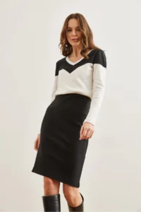 Olalook Women's Black Ecru V-Neck Color Block Raised Flexible Dress - Image 5