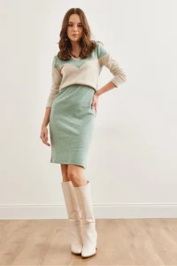 Olalook Women's Mint Ecru V-Neck Color Block Raised Flexible Dress - Image 2
