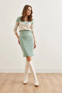 Olalook Women's Mint Ecru V-Neck Color Block Raised Flexible Dress - Image 3