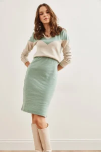 Olalook Women's Mint Ecru V-Neck Color Block Raised Flexible Dress - Image 4