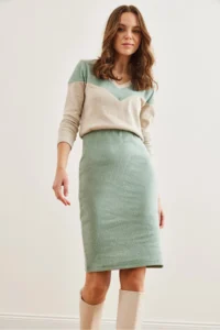 Olalook Women's Mint Ecru V-Neck Color Block Raised Flexible Dress - Image 5