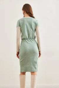 Olalook Women's Mint Ecru V-Neck Color Block Raised Flexible Dress - Image 6