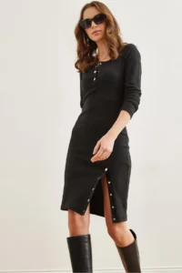 Olalook Women's Black Button Detailed Slit and Ribbed Flexible Dress
