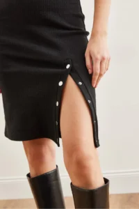 Olalook Women's Black Button Detailed Slit and Ribbed Flexible Dress - Image 6