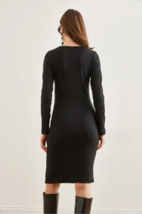Olalook Women's Black Button Detailed Slit and Ribbed Flexible Dress - Image 7