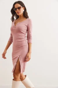 Olalook Women's Dusty Rose Button Detailed Slit and Raised Stretchy Dress - Image 3