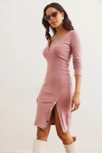 Olalook Women's Dusty Rose Button Detailed Slit and Raised Stretchy Dress - Image 4