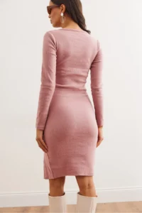 Olalook Women's Dusty Rose Button Detailed Slit and Raised Stretchy Dress - Image 7