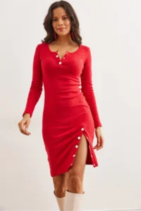 Olalook Women's Red Button Detailed Slit and Ribbed Flexible Dress