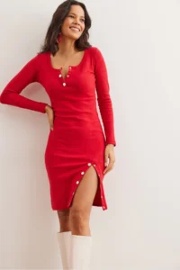 Olalook Women's Red Button Detailed Slit and Ribbed Flexible Dress - Image 2