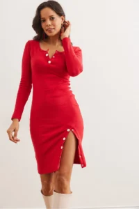 Olalook Women's Red Button Detailed Slit and Ribbed Flexible Dress - Image 5