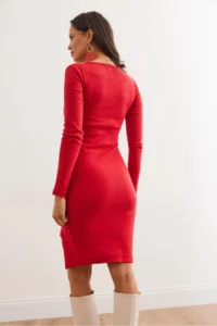 Olalook Women's Red Button Detailed Slit and Ribbed Flexible Dress - Image 8