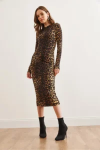Olalook Women's Beige Brown Crew Neck Maxi Leopard Dress - Image 2