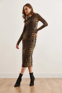 Olalook Women's Beige Brown Crew Neck Maxi Leopard Dress - Image 4