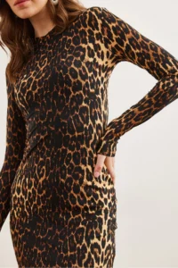 Olalook Women's Beige Brown Crew Neck Maxi Leopard Dress - Image 5