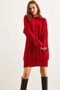 Olalook Women's Red Hair Braided Knitwear Tunic Dress