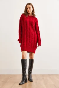 Olalook Women's Red Hair Braided Knitwear Tunic Dress - Image 2
