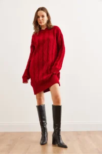 Olalook Women's Red Hair Braided Knitwear Tunic Dress - Image 3
