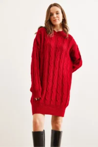 Olalook Women's Red Hair Braided Knitwear Tunic Dress - Image 4