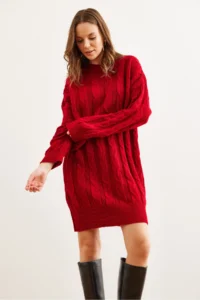 Olalook Women's Red Hair Braided Knitwear Tunic Dress - Image 5