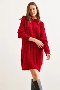 Olalook Women's Red Hair Braided Knitwear Tunic Dress - Image 6
