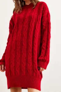 Olalook Women's Red Hair Braided Knitwear Tunic Dress - Image 7