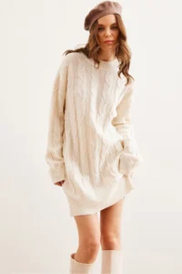 Olalook Women's White Hair Braided Knitwear Tunic Dress